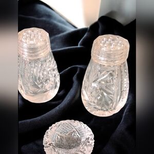 Vintage Cut Glass Miniature 2 Shakers /Caps + Cut Glass Mini Diamond Salt Dish